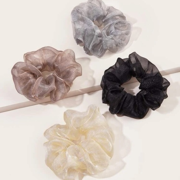 Set of 4 Sheer Mesh Scrunchies – Neutral Shimmer Hair Accessories - Picture 1 of 6